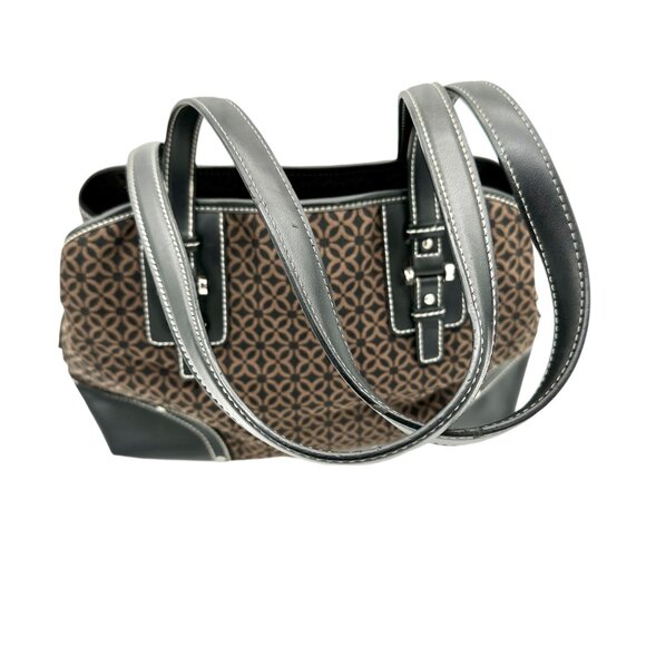 Relic Brown Geometric Pattern Handbag Black Faux Leather Trim Double Handles - Picture 3 of 12